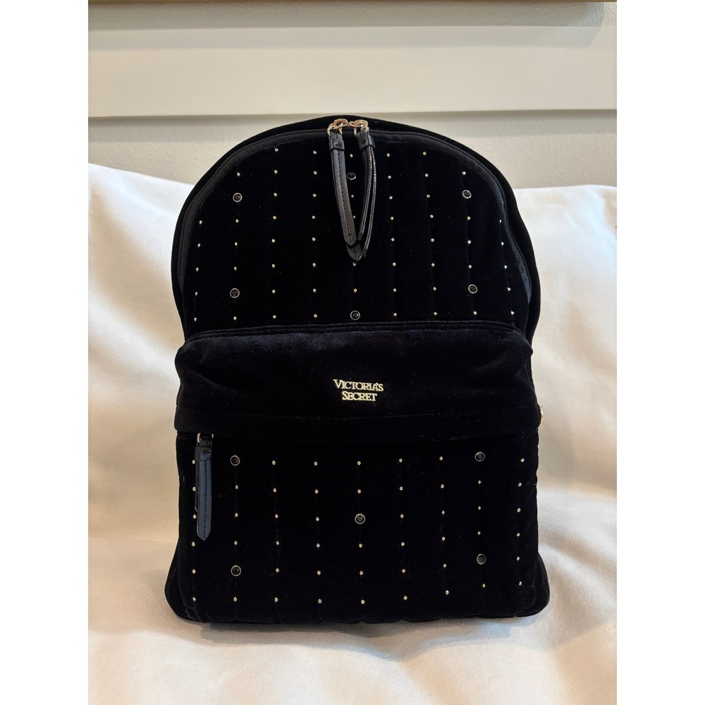 Victoria's Secret Black Velvet Quilted Studded Backpack Gold Hardware Bag - Picture 6 of 6